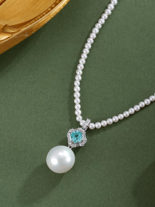 子佩集【深海之梦】银S925珍珠惜王妃项链【ZZXL034】2.8mm小珠12mm大珠蓝方块2601 商品图3