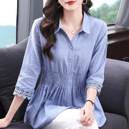 纯棉七分袖衬衫女春夏2025新款上衣全棉女士衬衣中年妈妈收腰小衫 商品图2