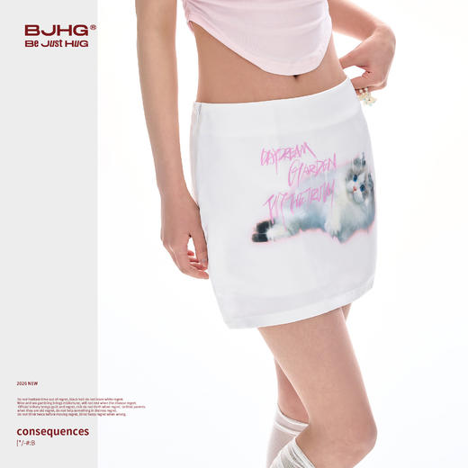 FTT Flythetruth 可爱猫咪印花短裙女夏季修身甜美白色包臀半身裙 商品图3