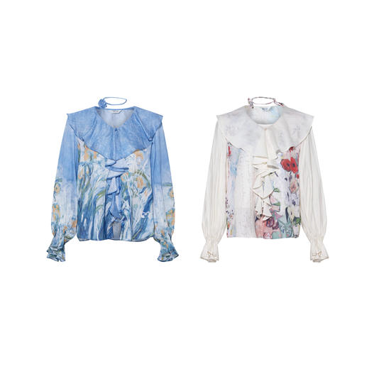 两三事临风明夏2026春新款荷叶边领立体花腰绳绑带两件套雪纺衫女 商品图4