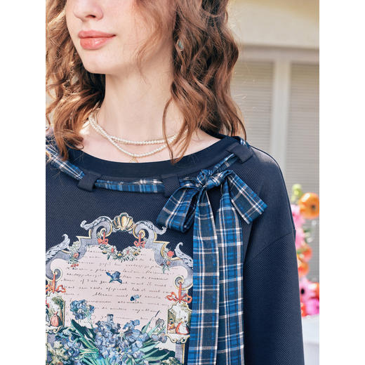 两三事梵高文艺 茉雅离歌 2026春季新款复古印花格子蝴蝶结t恤女 商品图2