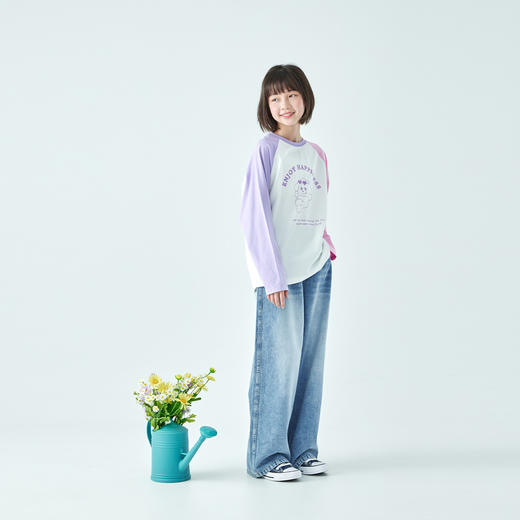 棵初2026年春季新款亲子中大女童纯棉印花长袖T恤拼色插肩袖上衣 商品图1