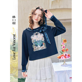 两三事梵高文艺 茉雅离歌 2026春季新款复古印花格子蝴蝶结t恤女