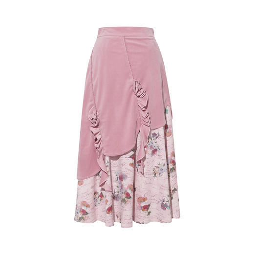 两三事 闲日欢歌 2026春季新款温柔风抽褶花边印花拼接a字半身裙 商品图4