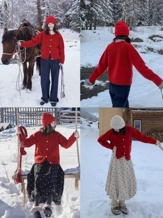 浮生八记/25C198/“棒针节日红”正红色粗棒针麻花毛衣开衫 商品图4