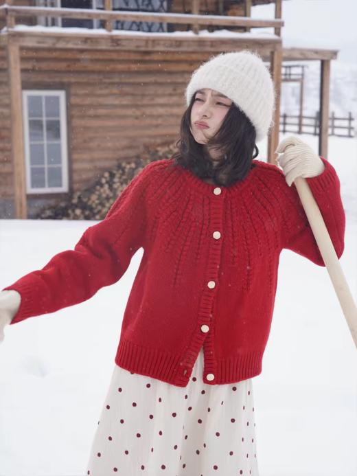 浮生八记/25C198/“棒针节日红”正红色粗棒针麻花毛衣开衫 商品图1