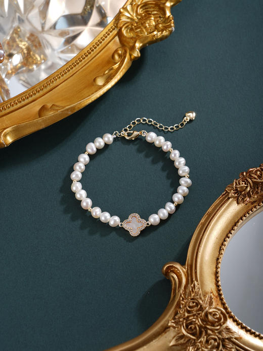 子佩集【四叶寄情】珍珠惜王妃手链【ZZSL008】5.5-6mm珠镀金四叶草2601 商品图4