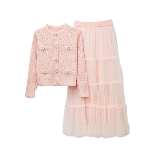 「自」全新升级【铂金会员514/天猫699/差价185】(99343)洛诗琳2026春季法式高级感小香风开衫高腰网纱半身裙两件套 商品图4