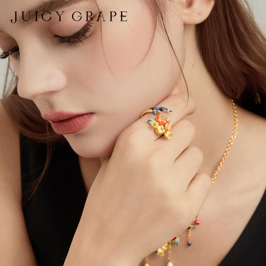 Juicy Grape首饰套装轻奢小众珐琅项链手链耳环戒指新年生日礼物 雀柿呈祥-喜柿连连开口戒指 商品图1