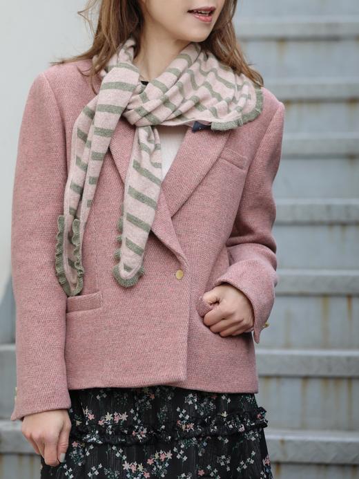 TYNVIE 条纹荷叶边三角羊绒羊毛围巾 - 绿/粉 商品图5