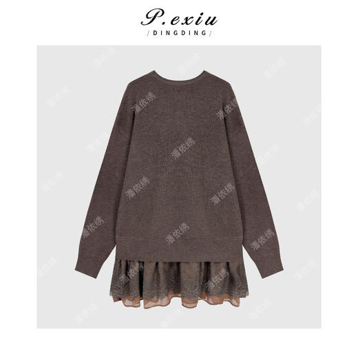 PanYiXiu/潘依绣超细羊毛慵懒风蕾丝拼接层次感圆领长袖针织上衣D443 商品图1