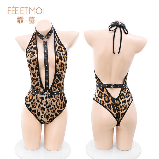 霏慕 吊颈束腰豹纹开裆连体衣6441 商品图7