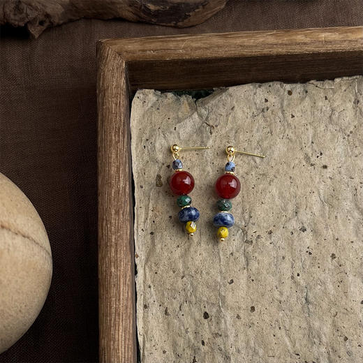 【藏风耳环】复古新中式天然石串珠耳环 手工设计款国风油画感气质耳饰 商品图3