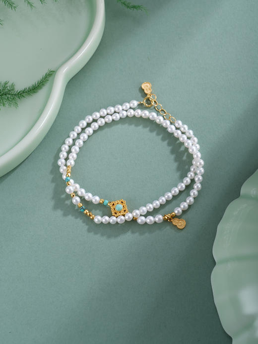 子佩集【芳华无界】银S925珍珠惜王妃手链【QNS0001】3mm珠镀金绿松石葫芦四芒星2601 商品图8