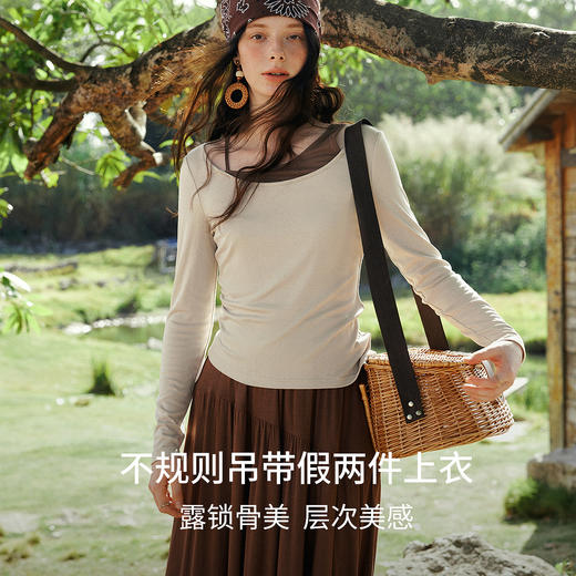 OLrain欧芮儿2026新款女春季撞色假两件长袖T恤不规则半裙两件套 商品图0