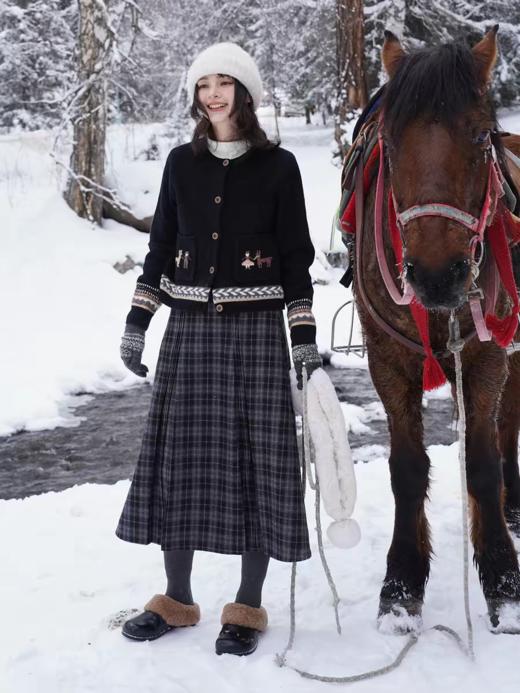 浮生八记/25D287/羊毛呢咖色灰蓝格纹手工捏褶打条百褶长半裙 商品图1