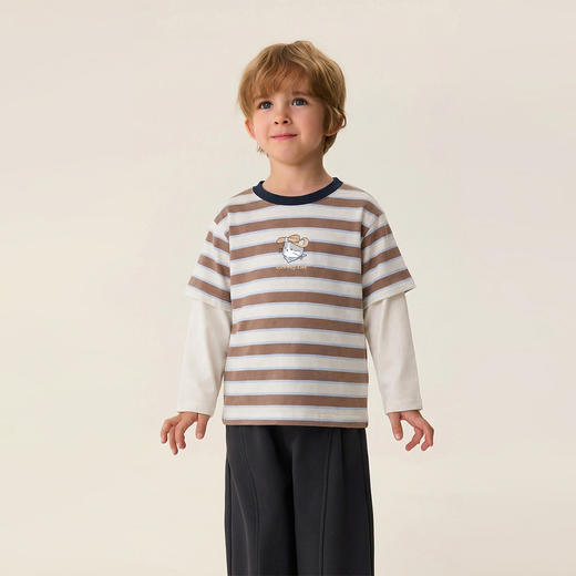 马克珍妮条纹猫咪男童纯棉假两件T恤2026年春装新款560019 商品图2