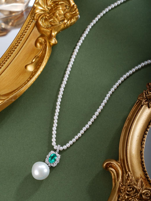 子佩集【碧落星语】银S925珍珠惜王妃项链【ZZXL037】2.8mm小珠12mm大珠绿椭圆方块2601 商品图2