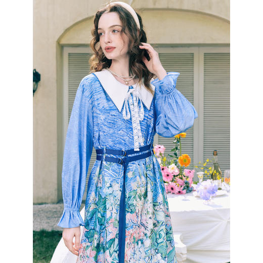 两三事梵高文艺春日花廊2026春季新款绑带撞色翻领印花a字连衣裙 商品图2