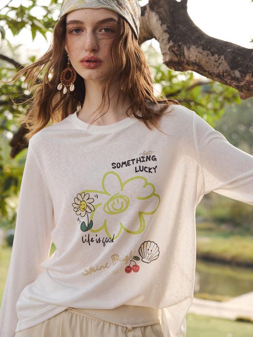 OLrain欧芮儿2026新款T恤白色长袖宽松透气休闲上衣 商品图0