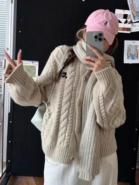 r*r 逗号祝绪丹同款刺绣麻花针织毛衣开衫