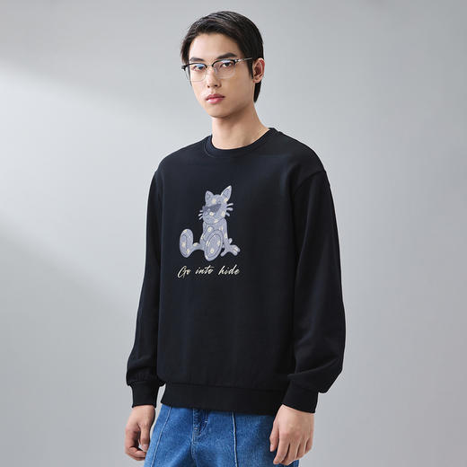 GXG男装【100%棉】春季卡通眼镜小猫情侣款圆领卫衣K&C 商品图2