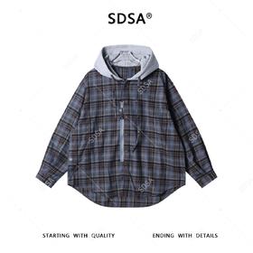 SDSA男士秋冬新款痞帅男装时尚韩版复古拼接格子连帽衬衫百搭休闲
