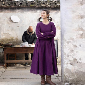 绽放006朵/起舞·加厚亚麻圆领收腰塔克捏褶长袖连衣裙春季新款