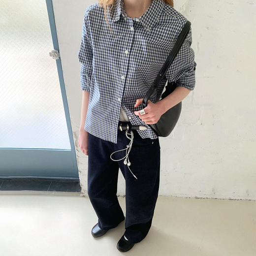 714street美式复古蓝白格纹长袖衬衫2026春季潮牌宽松纯棉衬衣女 商品图1