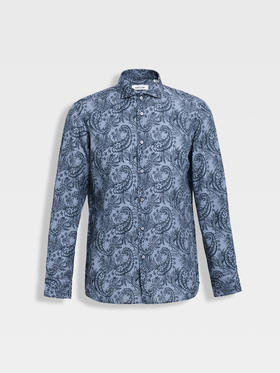 callisto蓝色莱赛尔亚麻混纺休闲长袖衬衫