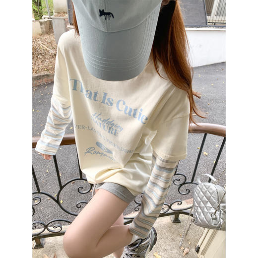 【129元任选2件】现货！韩系条纹假两件t恤长袖 商品图0