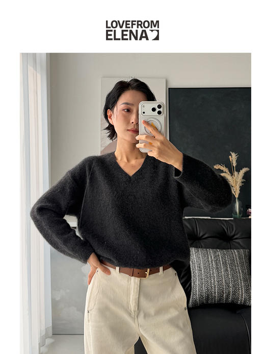 100%牦牛绒 慵懒风宽松V领针织衫 商品图0