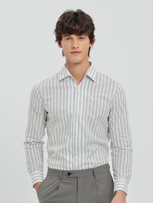 callisto灰调薄荷绿竖条纹鱼嘴领棉仿麻衬衫 商品图2