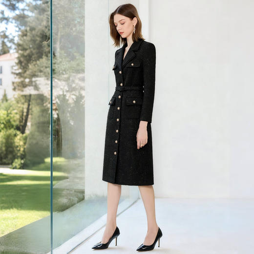 IWY/小香风粗花呢连衣裙女黑色金属扣收腰显瘦通勤高级感工装裙WQ001-B 商品图2