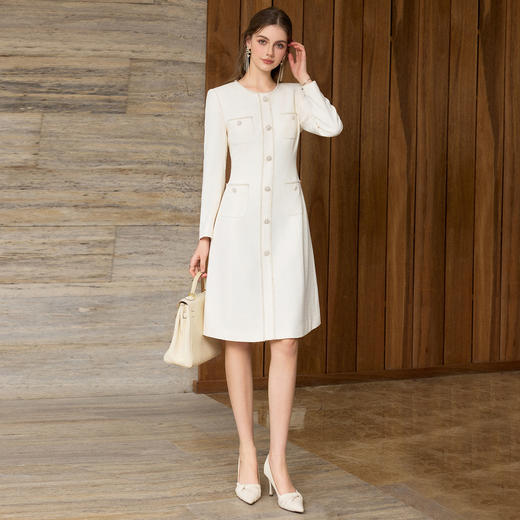 IWY/小香风米白色长袖连衣裙女珍珠扣显瘦通勤优雅西装裙工作服J25Q261-M 商品图2