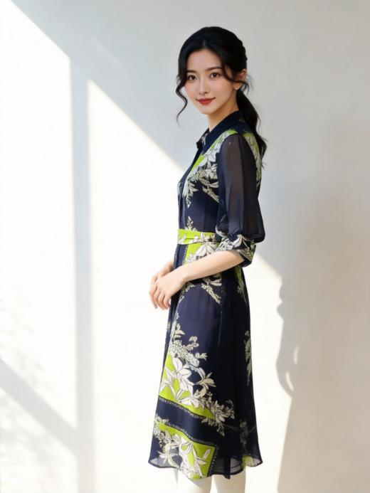 SZ3S05_绀蝶色_连衣裙_春夏_翻领七分袖腰带收腰A字中长款印花雪纺_高级女装_BERNIEELEN 伯妮斯茵 商品图1