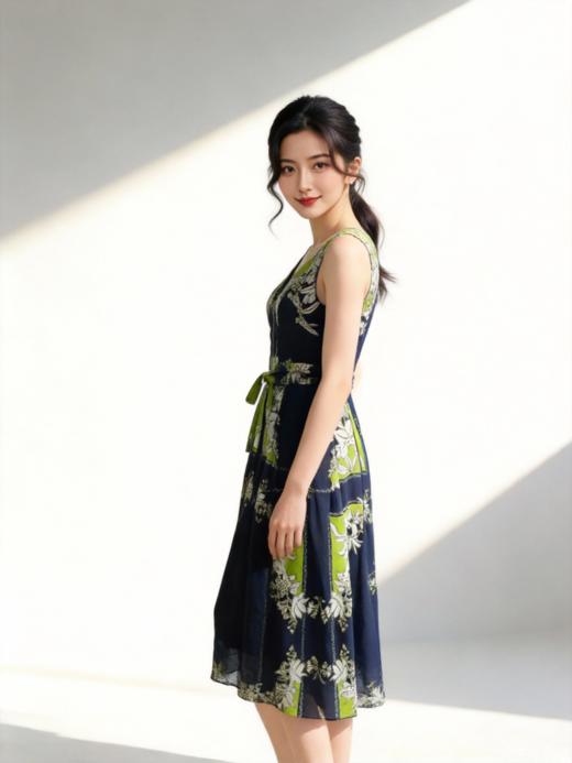 SZ3S37_绀蝶色_连衣裙_春夏_V领无袖腰带收腰A字中长款撞色印花雪纺_高级女装_BERNIEELEN 伯妮斯茵 商品图5