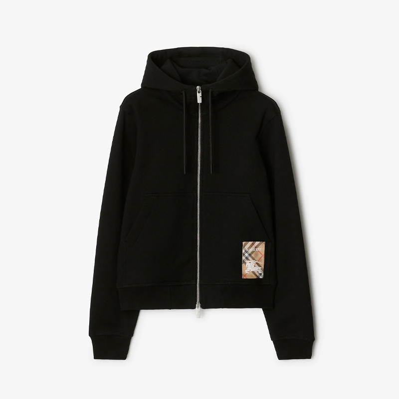 【一】BURBERRY 巴宝莉 女士格纹马术骑士标签棉质拉链连帽卫衣 黑色 8101878 A1189