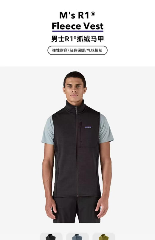 原单正品 Patagonia巴塔哥尼亚男士抓绒马甲R1，一件能陪你征服山野与都市的温度管理神器！

蓝色/黑色 S-XXL 商品图11