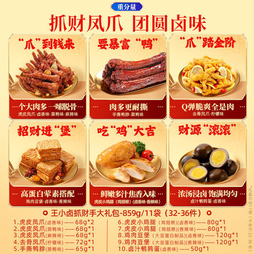 【抓财手送好礼】王小卤抓财手礼盒859g凤爪鸡爪卤味零食大礼包含11袋卤味肉蛋零食 商品图1