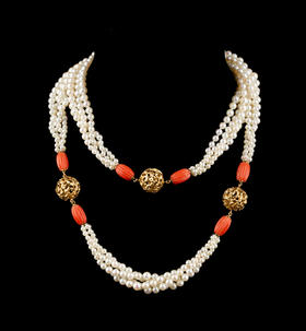 独角鹿西洋古董20世纪后期法国顶级珠宝品牌卡地亚出品球形18K黄金精雕镶嵌多股式珍珠及珊瑚项链