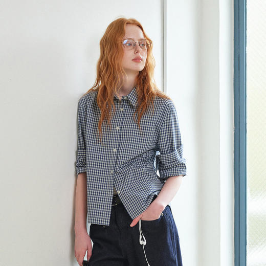 714street美式复古蓝白格纹长袖衬衫2026春季潮牌宽松纯棉衬衣女 商品图0