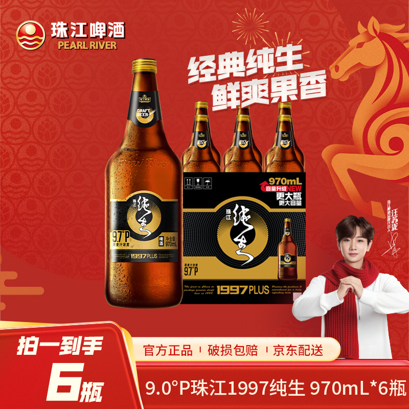 【新品上市】9.7°P珠江纯生啤酒(1997)970mL*6瓶装高人气酒水工厂直销