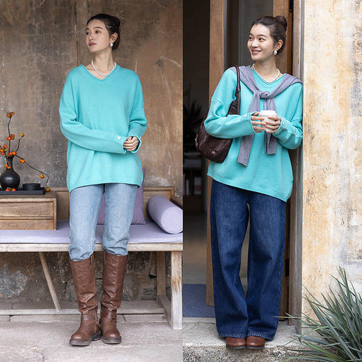 绽放630朵/纯绵羊毛衫v领套头毛针织衫新款打底衫宽松落肩毛衣女 商品图3