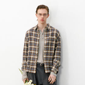 714street美式复古渐变格纹长袖衬衫2026春季潮牌宽松褶皱衬衣男