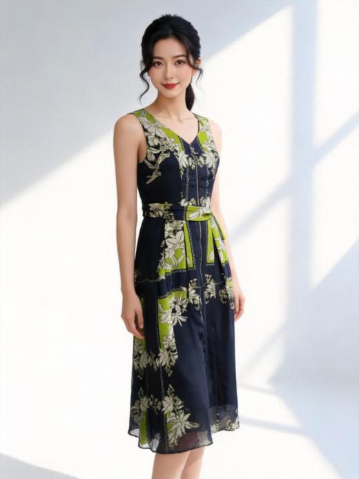 SZ3S37_绀蝶色_连衣裙_春夏_V领无袖腰带收腰A字中长款撞色印花雪纺_高级女装_BERNIEELEN 伯妮斯茵 商品图6