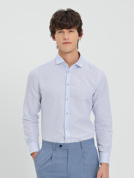 callisto浅蓝棉麻混纺一字领长袖衬衫 商品图2