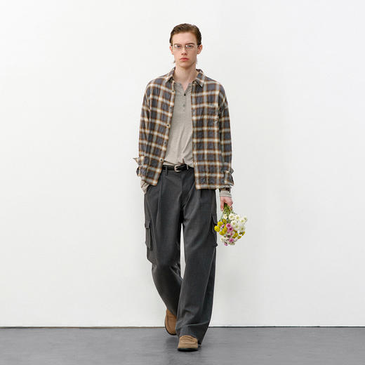 714street美式复古渐变格纹长袖衬衫2026春季潮牌宽松褶皱衬衣男 商品图3