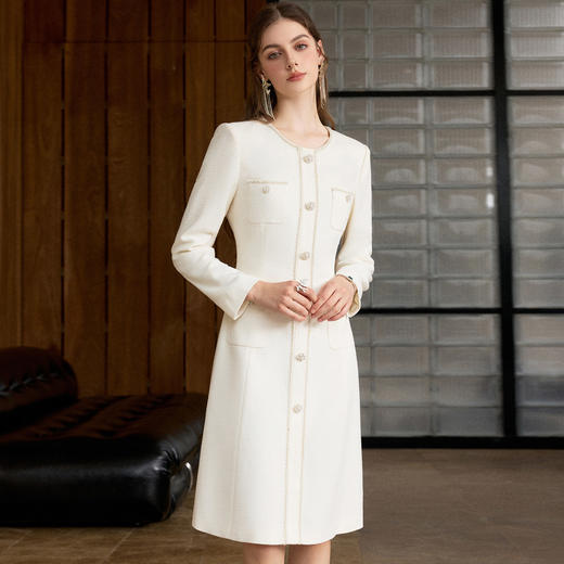 IWY/小香风米白色长袖连衣裙女珍珠扣显瘦通勤优雅西装裙工作服J25Q261-M 商品图1