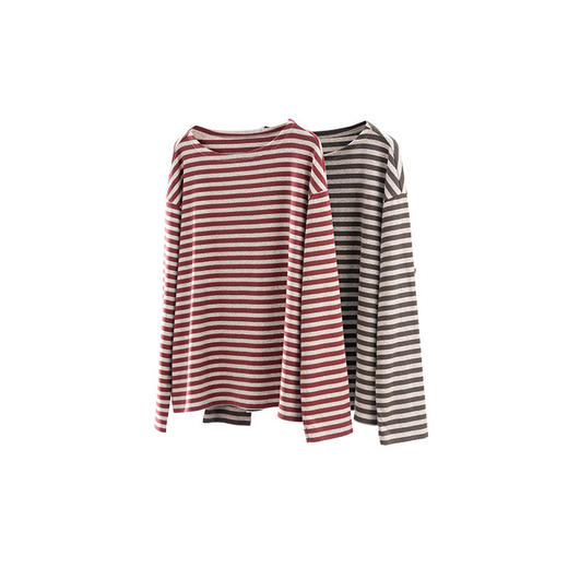 特绽放064朵/如一·棉混氨针织撞色条纹长袖T恤一字领百搭打底衫 商品图4